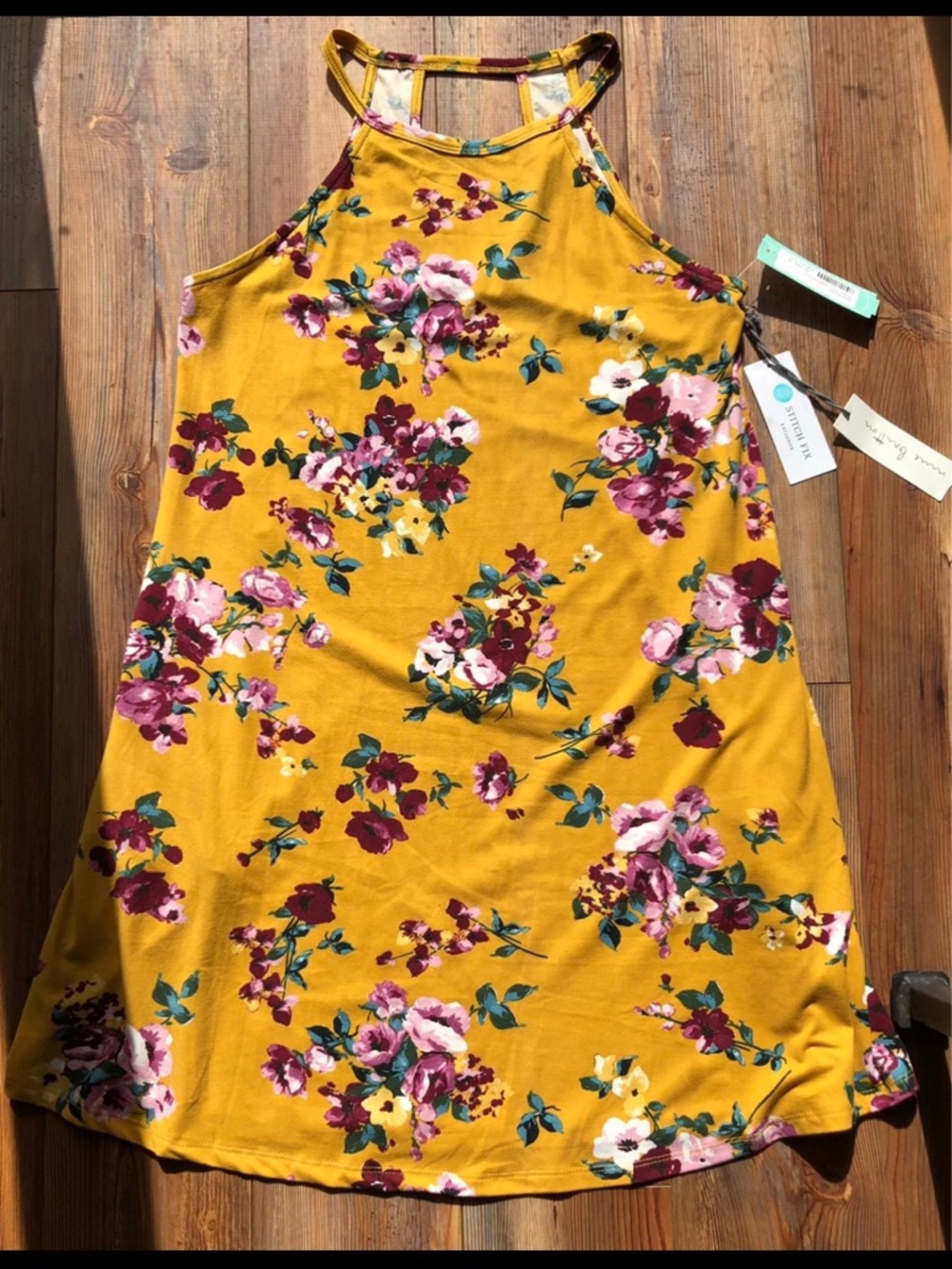 nine britton Mustard Yellow Floral Dress with Pink and Burgundy Blooms